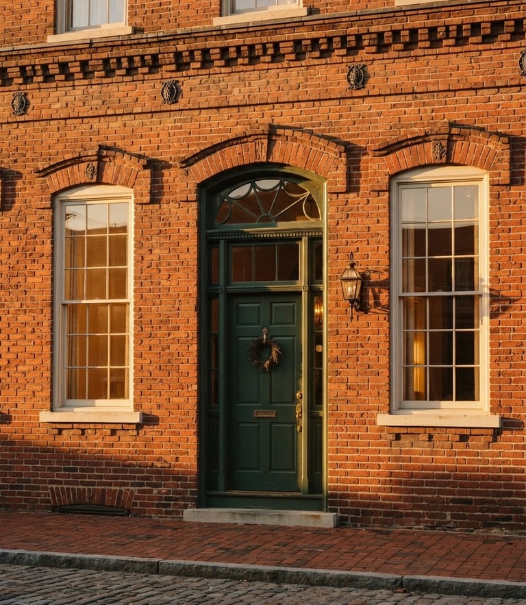 Close-up of a beautifully restored historic brick facade in Leesburg, warm golden-hour sunlight casting long shadows across architectural details, 35mm lens
