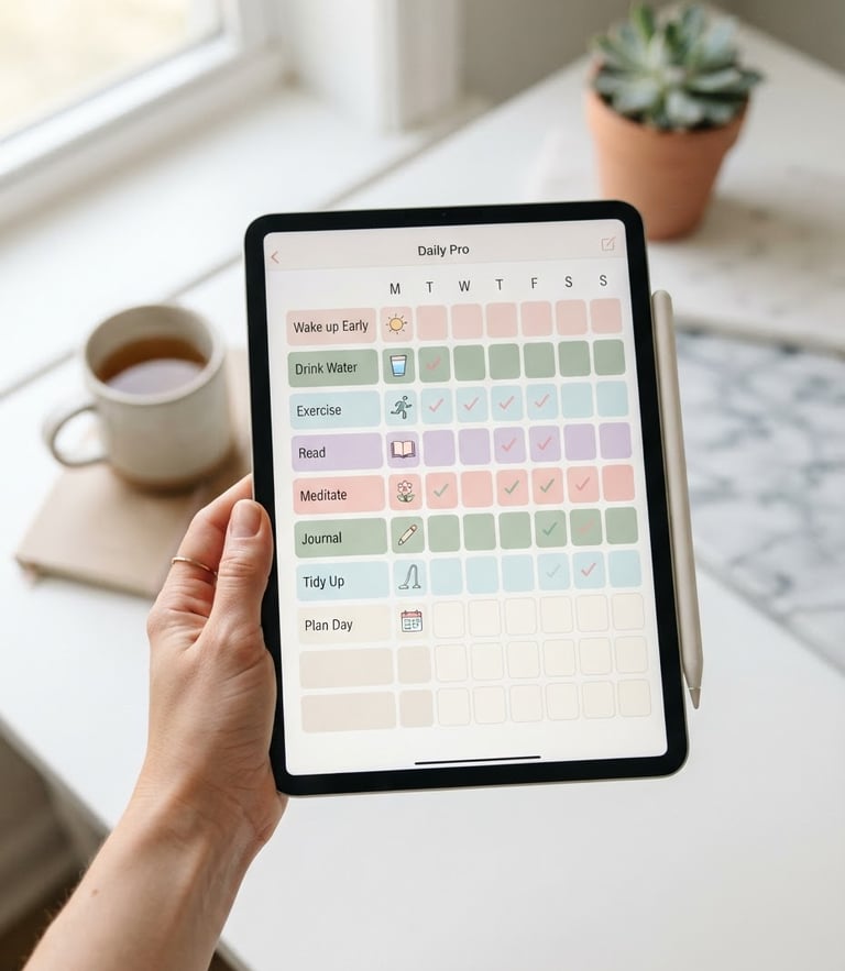 First-person perspective of a hand holding an iPad showing an aesthetic, pastel-colored daily habit tracker, soft natural window light, clean modern background
