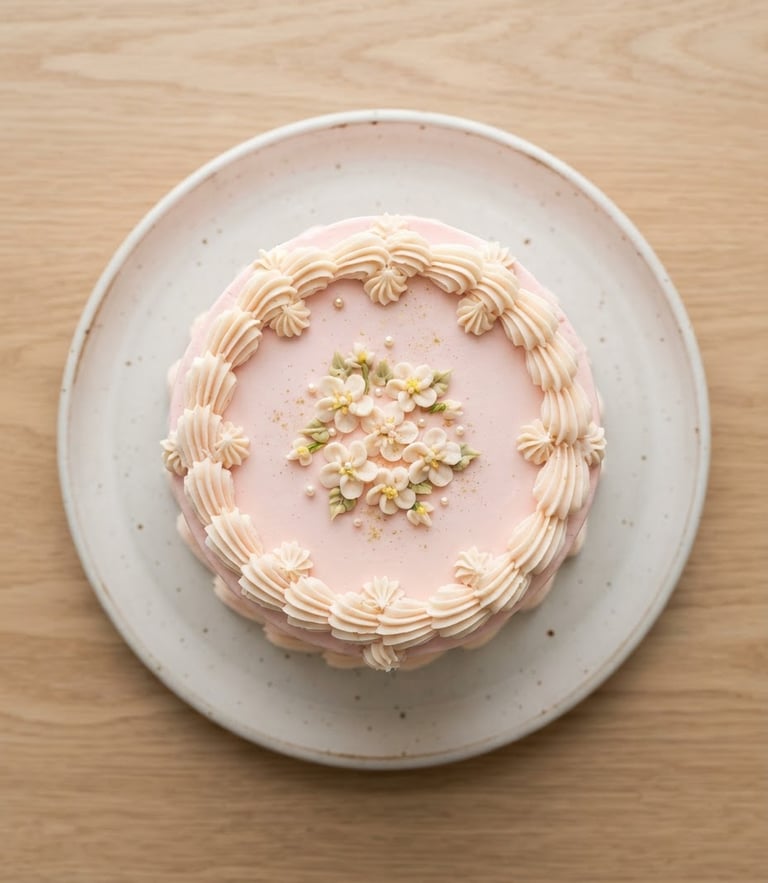 An overhead close-up of a pastel pink bento cake with delicate cream piping, resting on a minimalist ceramic plate under bright diffused daylight, soft pink shadows.