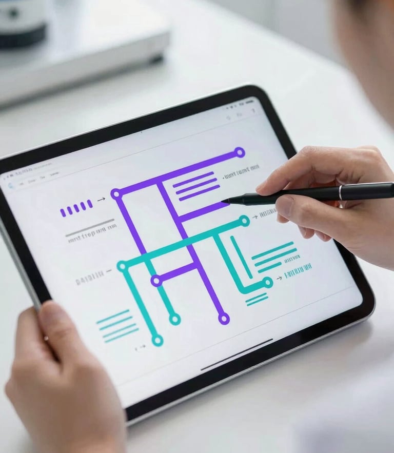 Cool natural daylight clinical environment, a clean tablet displaying a clear diagnostic flowchart with high-contrast purple and teal pathways, medical student hands tracing the diagram.