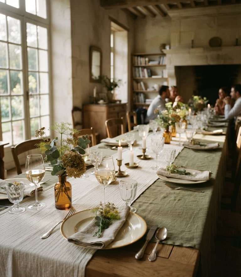 A beautifully set long dining table in an airy historic dining room, soft natural window light casting long shadows, delicate glassware, muted olive and ivory linens, shallow depth of field, warm editorial photography.