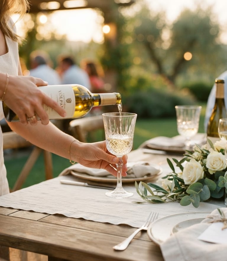 Close-up of hands pouring white wine into a crystal glass at a beautifully set outdoor dining table under soft, diffused natural golden hour light, shallow depth of field, 35mm