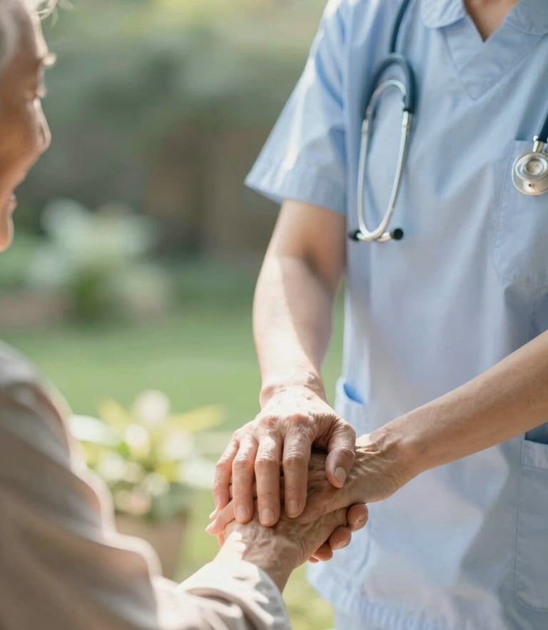 Warm editorial photography of a senior nurse gently holding the hand of an elderly resident in a sunlit garden, soft morning daylight, shallow depth of field, 35mm