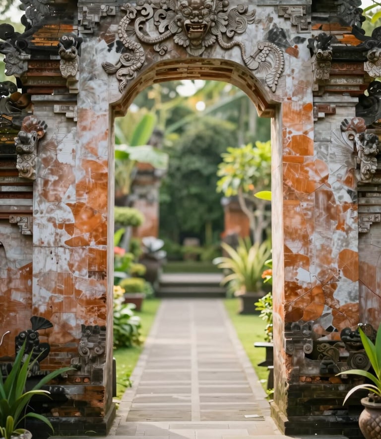 A serene stone archway leading to a lush green garden pathway in Bali, warm editorial photography, soft morning daylight, gentle earth and green tones, shallow depth of field, 35mm
