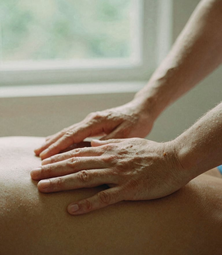 Close-up of hands gently assisting a patient during physical therapy, warm morning daylight filtering through a window, soft green tones, 35mm