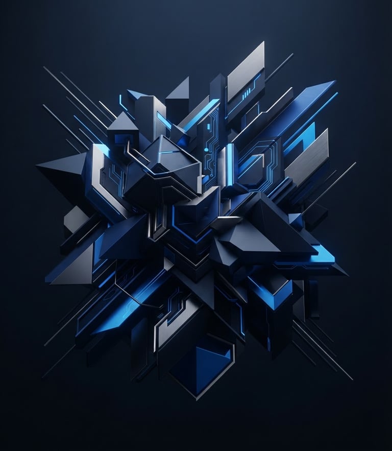 Minimalist 3D render of abstract tech geometry with electric blue and deep navy accents, soft studio lighting, high contrast