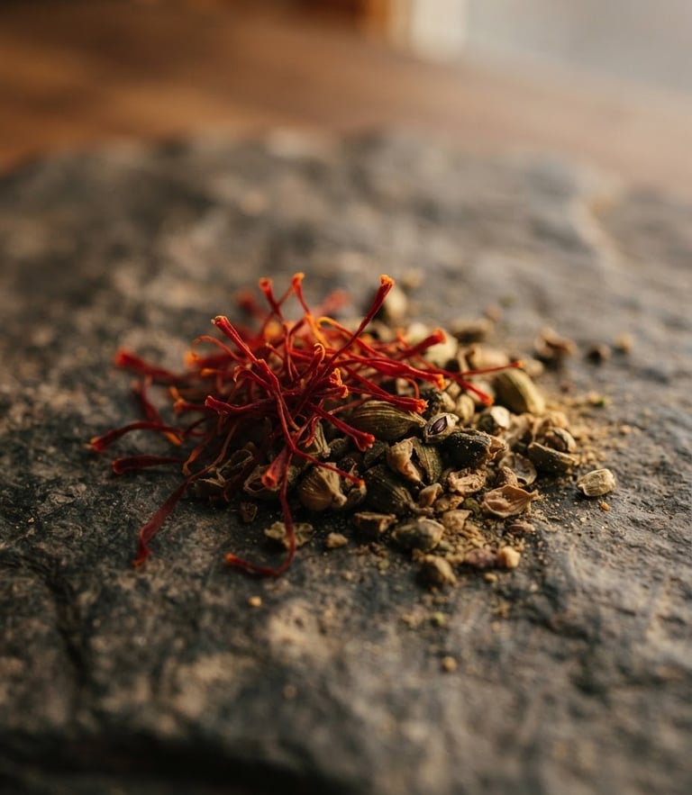 Warm macro photography of raw saffron threads and crushed cardamom seeds on a textured stone surface, golden hour window light, shallow depth of field