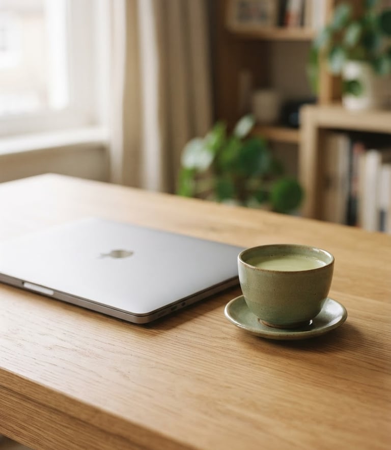 A minimalist desk setup featuring a single ceramic teacup next to a laptop, soft morning daylight, muted cream and matcha green tones, shallow depth of field
