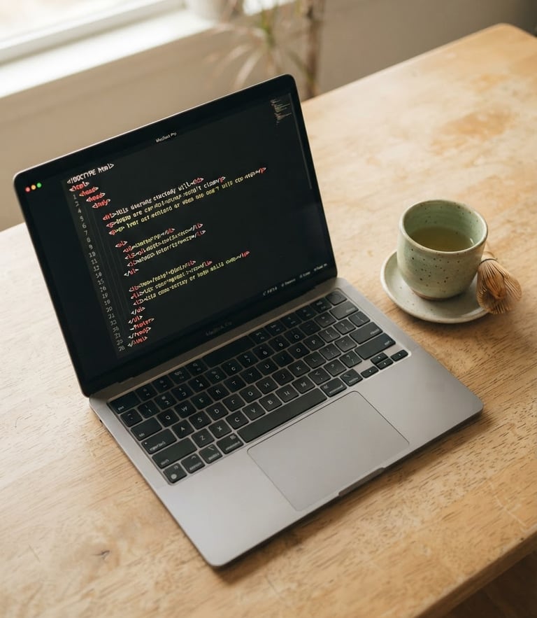 Overhead view of a sleek laptop displaying clean HTML structure next to a ceramic teacup on a warm cream desk, soft natural daylight