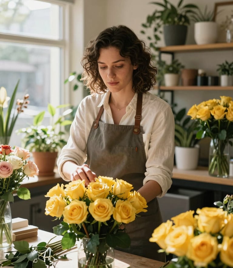 A bright environmental portrait of a female florist arranging a bouquet of yellow roses inside her sunlit shop, natural daylight, medium-wide shot.