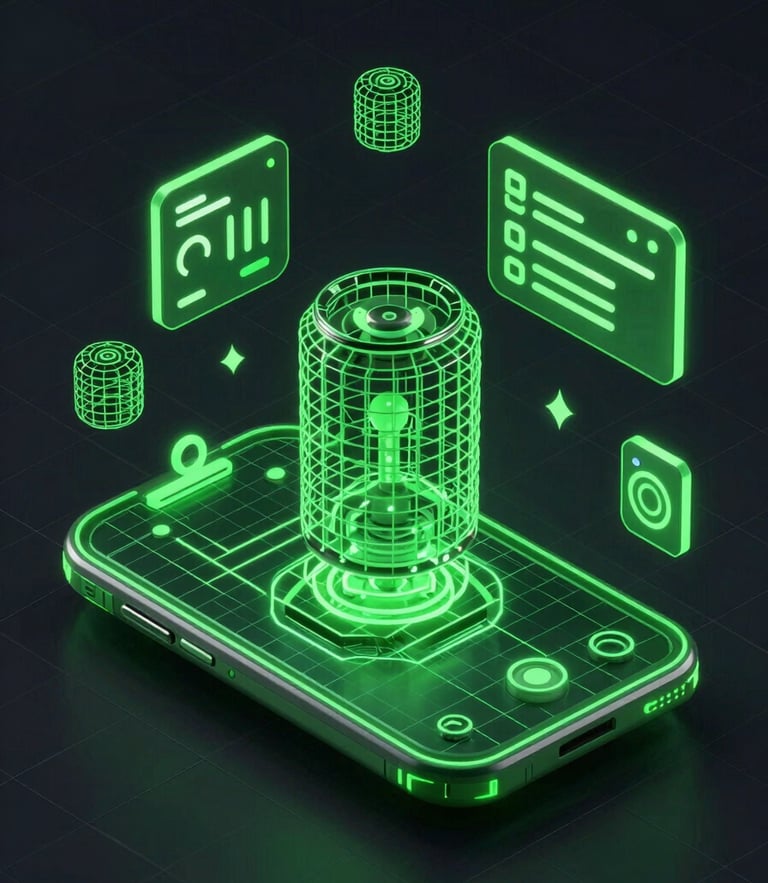 Isometric wireframe of a mobile game interface on a dark grid background, glowing green vector lines, clean floating UI elements, high contrast.