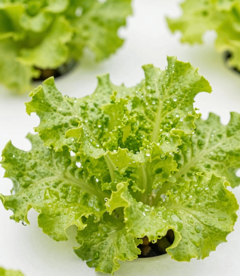 Close-up of vibrant green hydroponic lettuce leaves with water droplets, bright greenhouse daylight, clean white background, macro depth of field