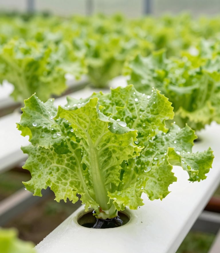 Macro photograph of vibrant green lettuce leaves with crisp water droplets in a bright hydroponic greenhouse, natural daylight, 35mm lens
