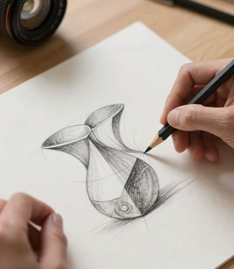 Close-up of hands sketching organic geometric shapes on heavy textured cotton paper with a graphite pencil, soft morning daylight casting gentle shadows, clean wooden desk background.