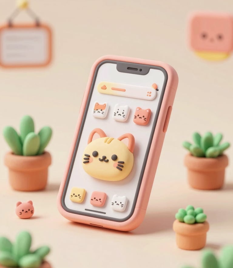Cute 3D clay illustration of a cozy desk setup with a pastel pink smartphone showing a friendly cat interface, surrounded by miniature clay plants and warm lighting