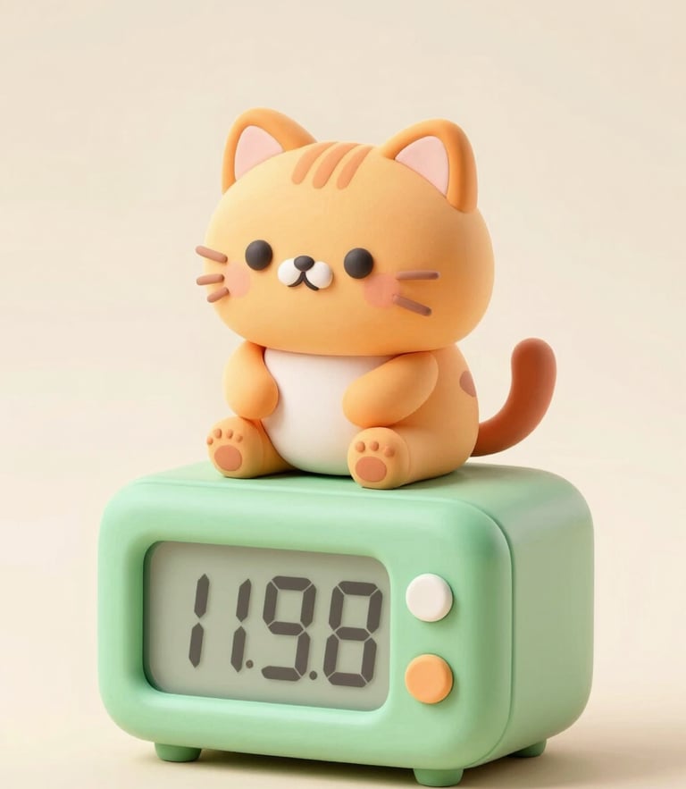 Cute 3D clay illustration of a round orange cat sitting on a giant pastel green digital timer, soft studio lighting, cream background