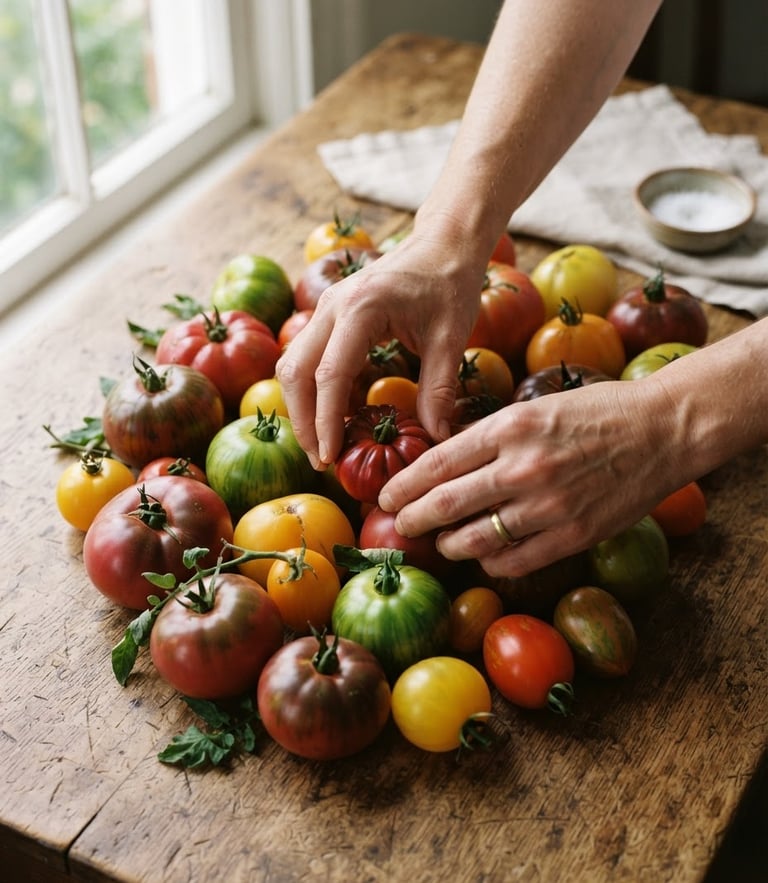 Hands arranging fresh heirloom tomatoes on a rustic wooden table, soft side window light, 35mm photography