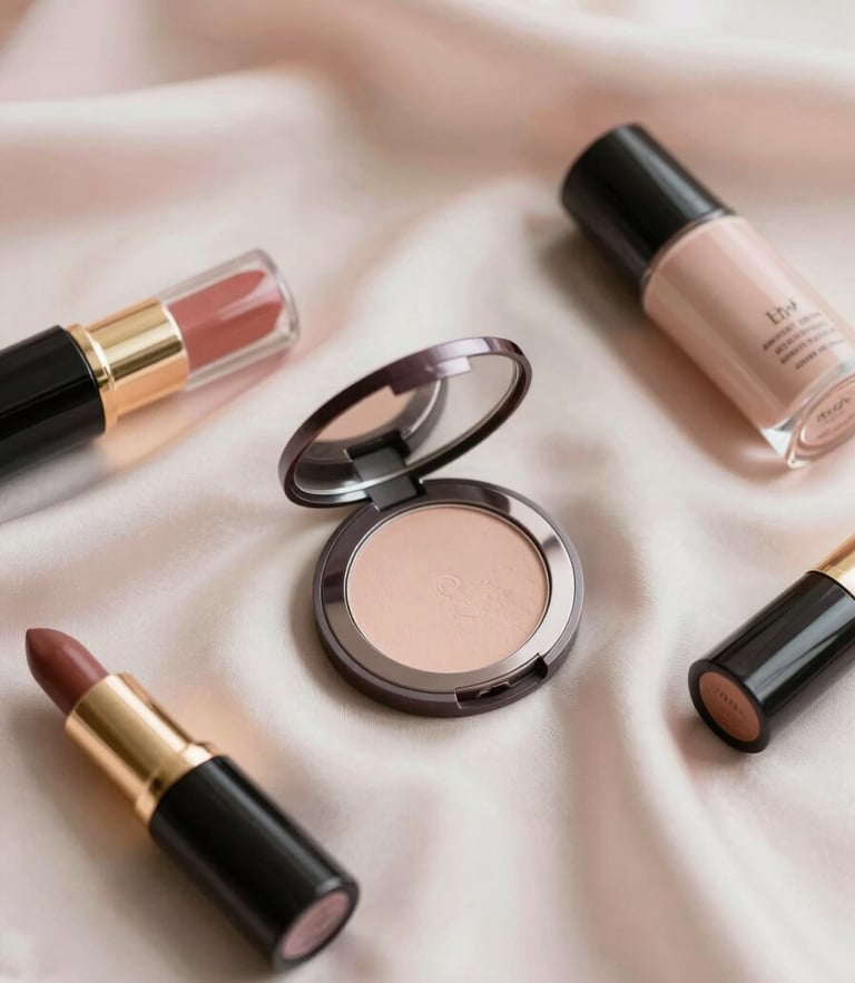 Elegant flat-lay of luxury cosmetics and silk fabric in pale pink and cream tones, soft morning light, shallow depth of field, 35mm