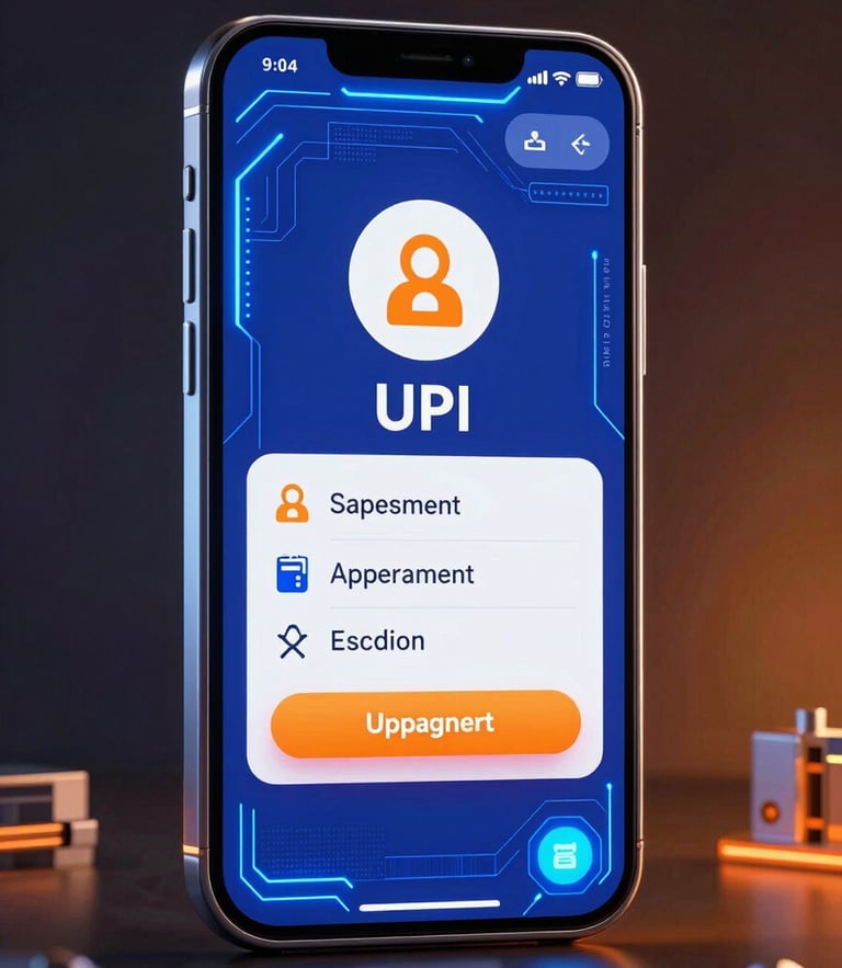 Vibrant digital 3D render of a mobile screen showing a successful UPI payment transfer, neon cybernetic lighting, electric blue and saffron tones, ultra-detailed tech aesthetic