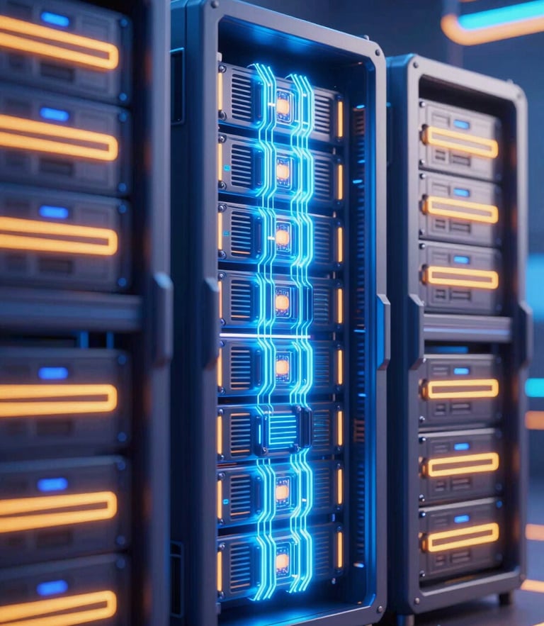 Vibrant digital 3D render of neon cybernetic server racks, electric blue and saffron lighting, high-speed data packets flowing, ultra-detailed tech aesthetic