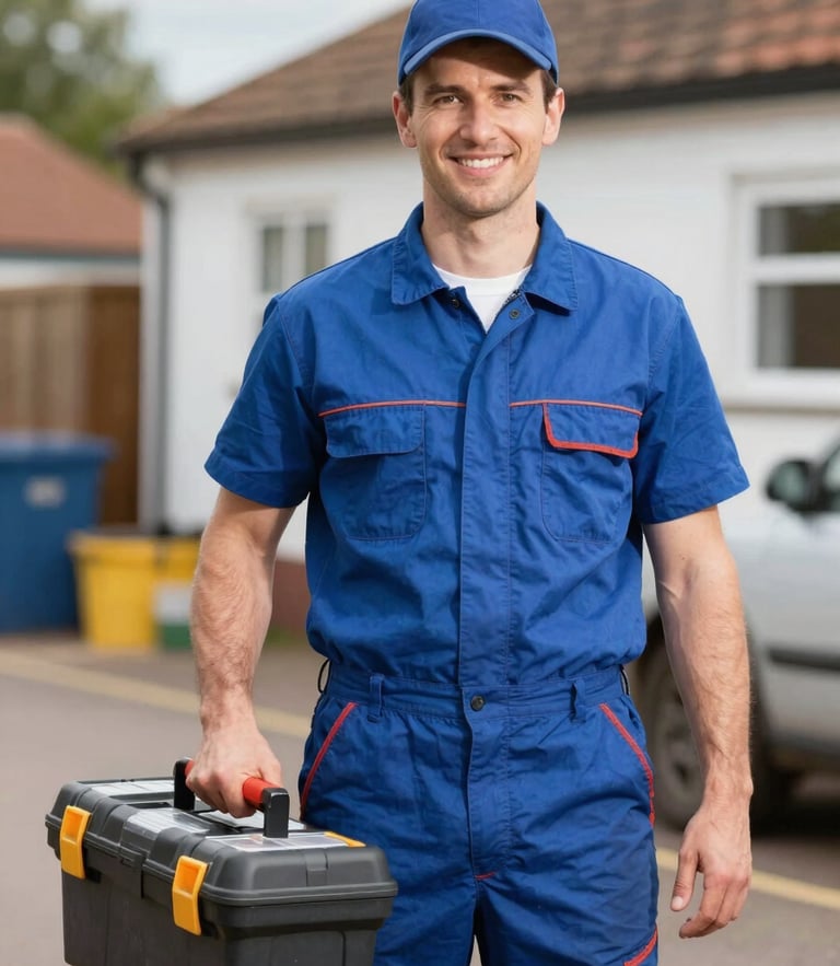 A professional, friendly portrait of a local Leicester plumber in clean work uniform, bright natural daylight, carrying a toolbox, sharp focus, 35mm lens.