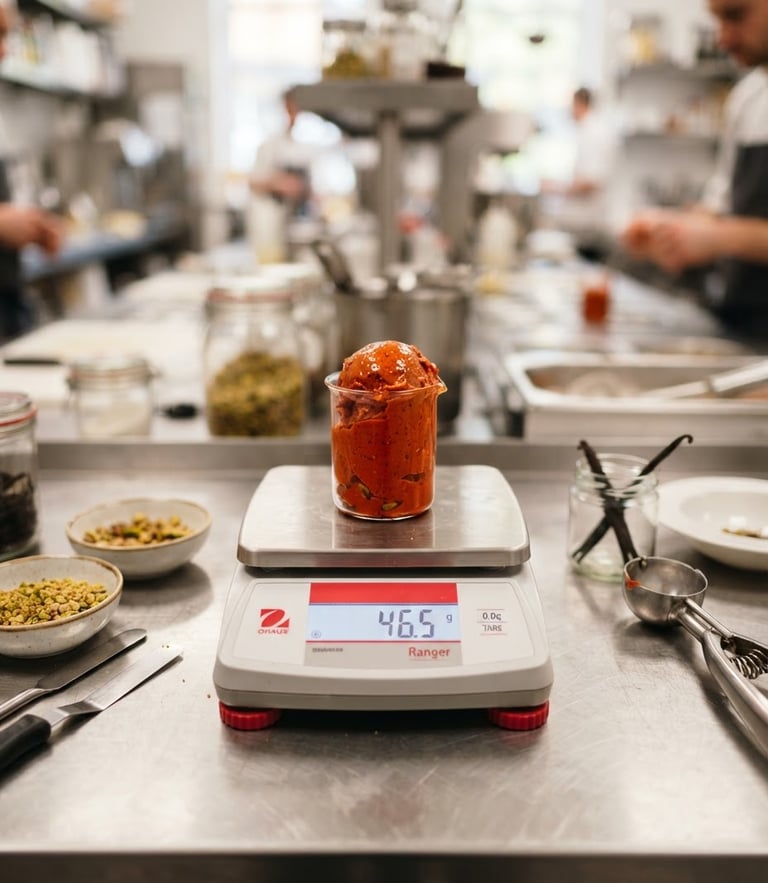 Crisp culinary photography of a stainless steel laboratory bench, digital scales with precise ingredients, soft laboratory lighting, shallow depth of field.