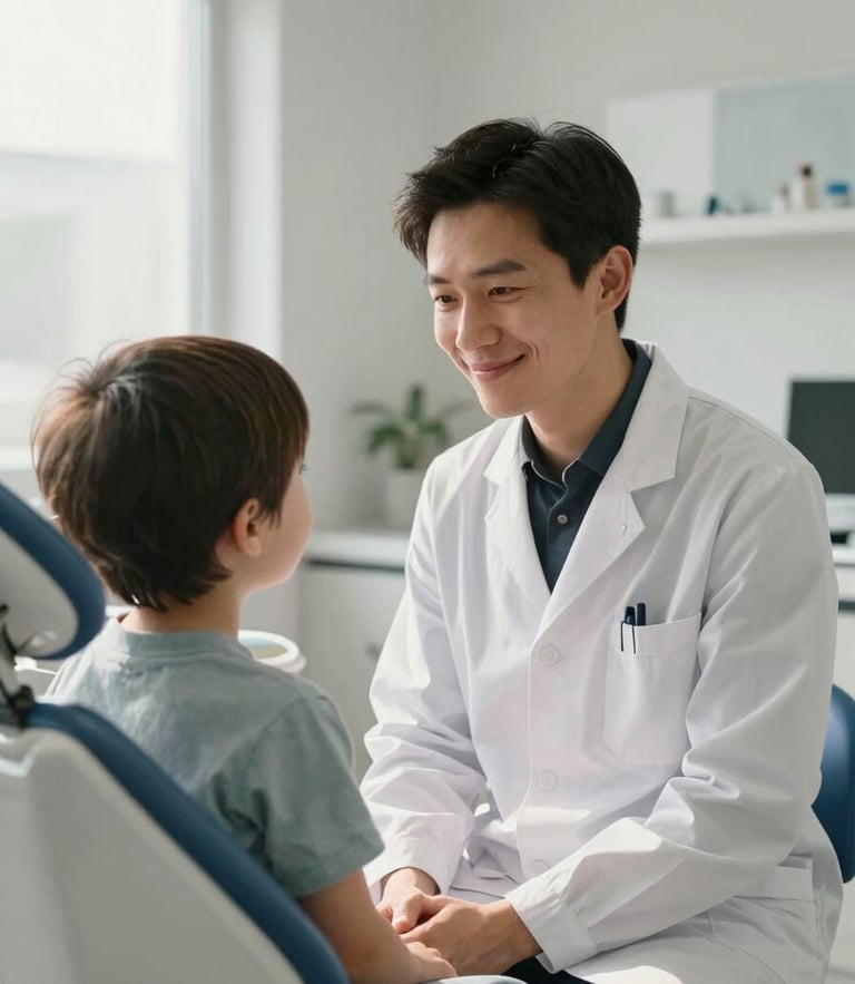 Warm portrait-oriented photograph of a pediatric dentist sitting at eye-level with a child, smiling gently, soft natural window light, Scandinavian design elements in the background.