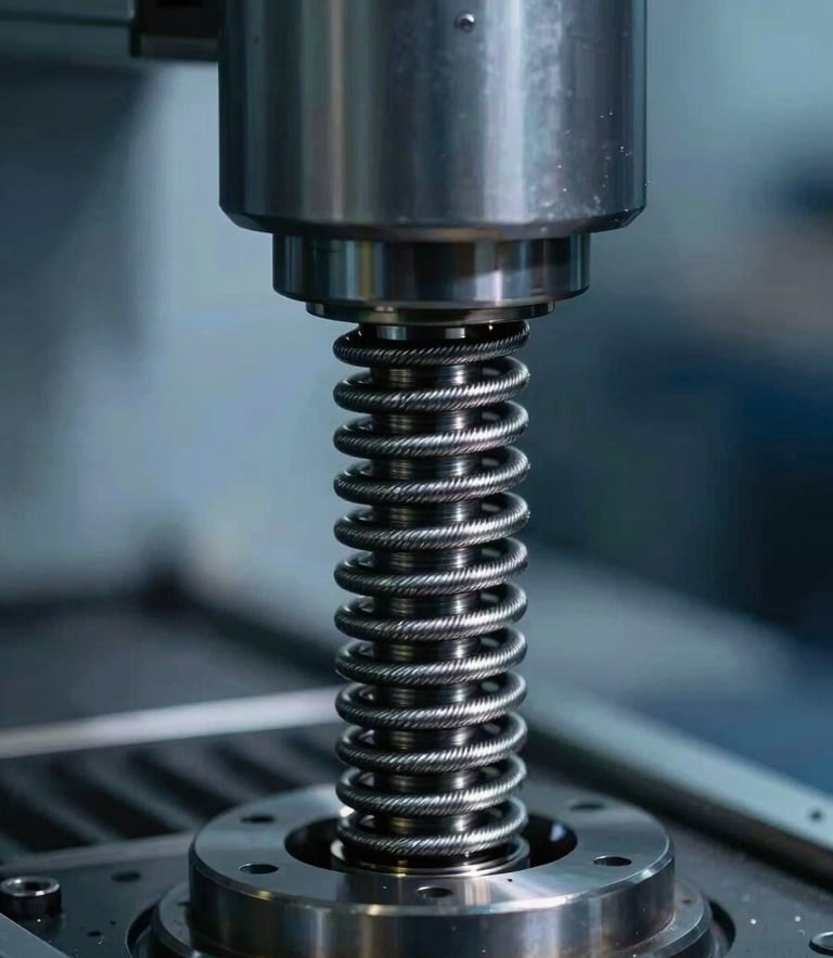 Extreme close-up of a high-precision CNC spring coiling machine feeding high-carbon steel wire, sharp metallic sheen, cold blue industrial studio lighting.