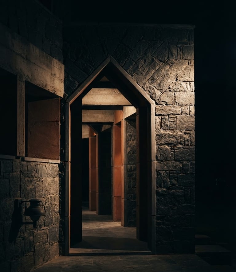 Low-key dramatic side-lighting on a modern stone archway of an elite Indian public policy institute, deep midnight-slate shadows, subtle terracotta reflections, 50mm