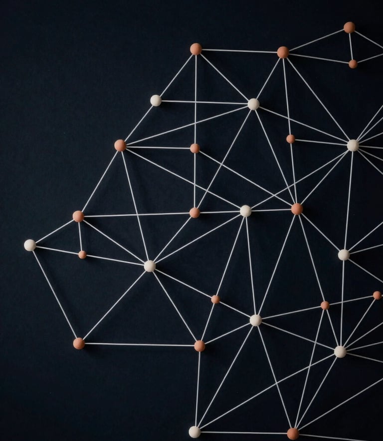 Abstract geometric visualization of network nodes and organizational hierarchies, thin white lines on deep slate background, low-key lighting.