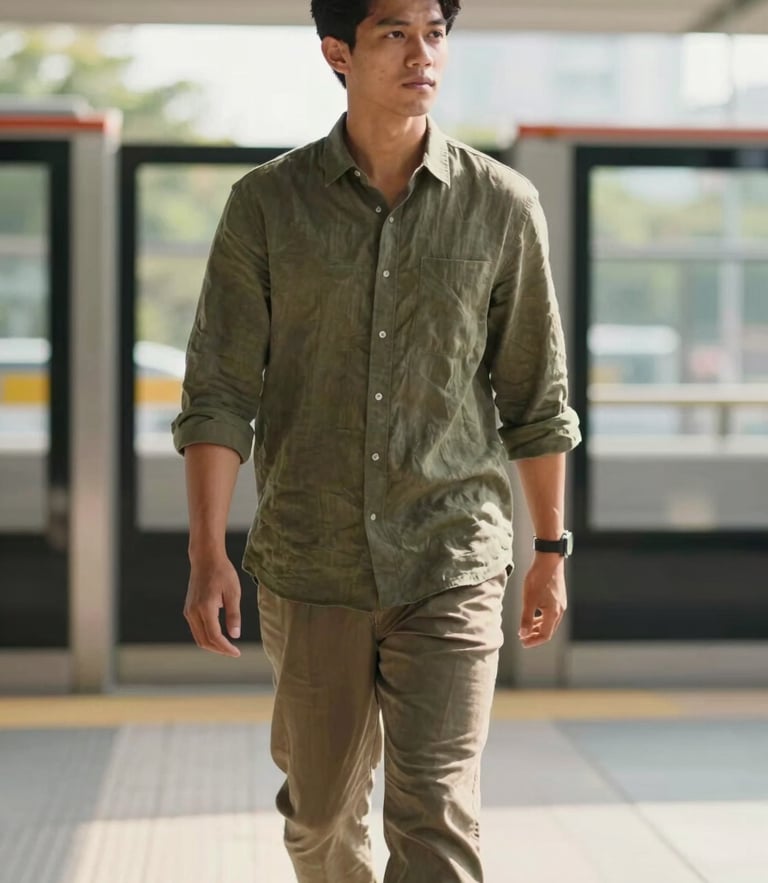 Medium shot of a young Indonesian professional walking near a transit station, wearing a coordinated olive linen shirt and relaxed trousers, soft natural daylight, 35mm lens