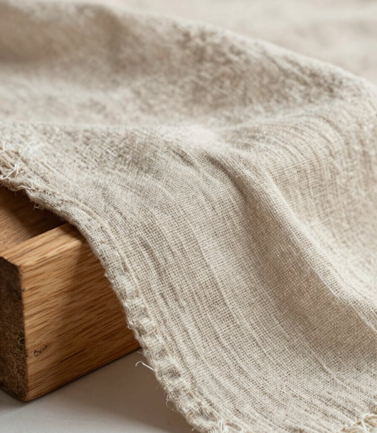 Macro shot of raw linen fabric draped over a wooden block, soft natural daylight, high texture detail, 35mm