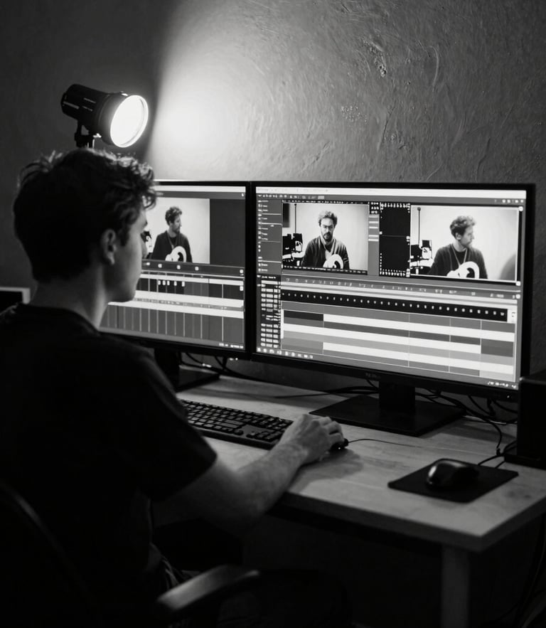 Raw backstage flash photography of an editing bay, stark shadows, glowing monitors displaying high-contrast video timelines, cool-toned monochrome, 35mm film grain.