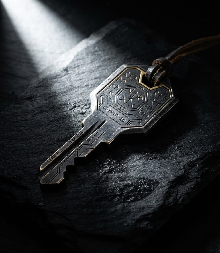 Dramatic high-contrast close-up of a physical cryptographic key resting on a dark slate surface, single sharp directional white light source, deep shadows, ultra-premium professional photography style.