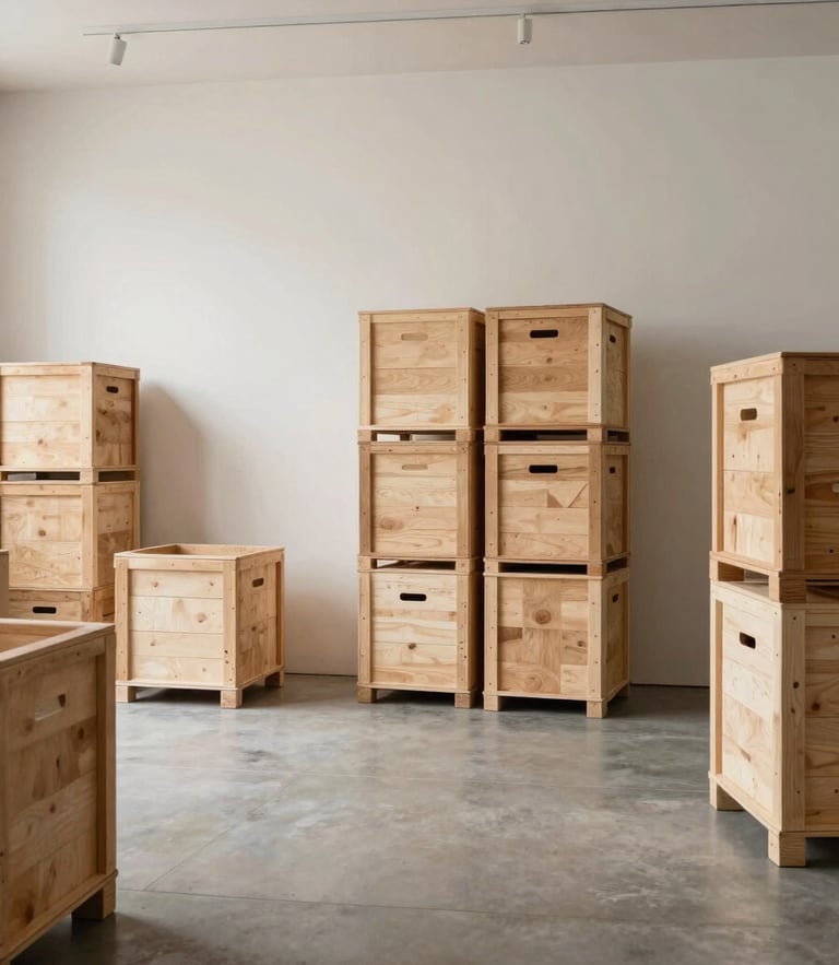 Minimalist modern warehouse interior, clean concrete floor, warm lighting, neatly stacked wooden shipping crates, editorial fashion photography style.