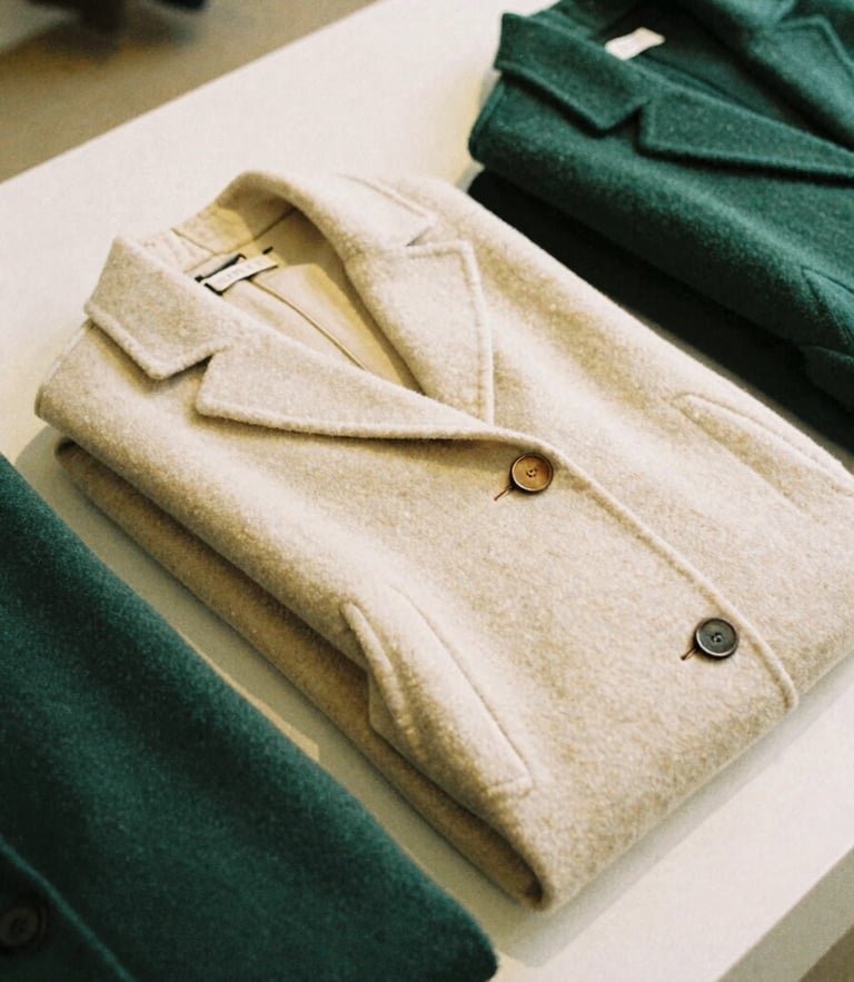 Editorial fashion photography of neatly folded premium wool coats in a warm cream and forest green tone, soft natural gallery lighting, medium format film