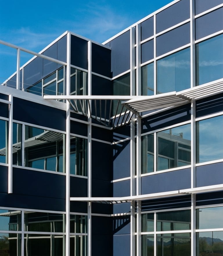 An architectural detail of a professional commercial office building in Mesa, Arizona, bathed in bright morning daylight, clean geometric shadows, 35mm photography