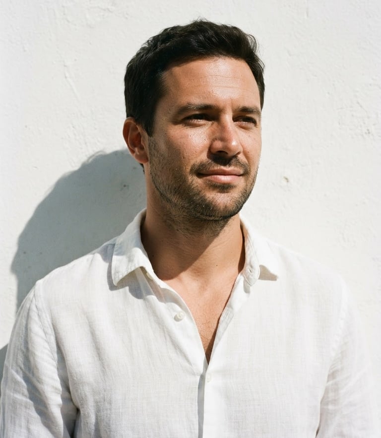 Medium-close crop of a man in a relaxed white linen shirt, direct sunlight, sharp shadows, minimalist white wall background, 35mm film