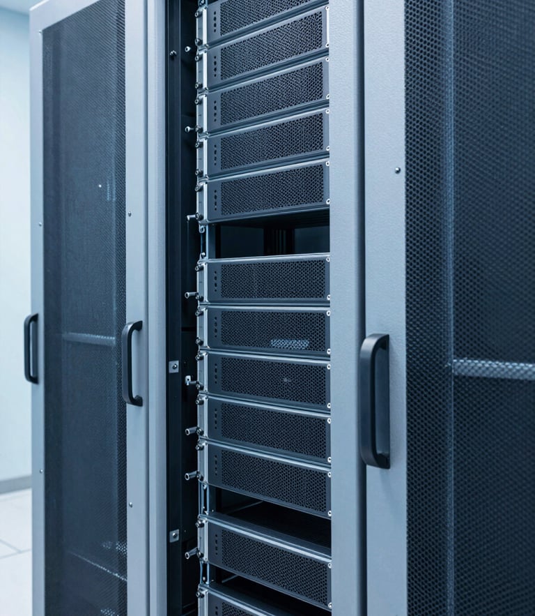 Crisp corporate photography of a modern high-end server room, cool blue and white tones, sharp focus on structured server racks, 35mm lens