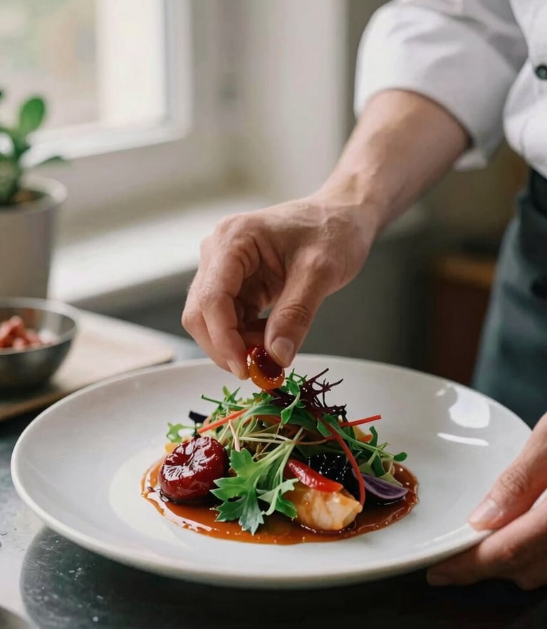Close-up of hands of a chef plating a fresh seasonal dish in a warm Scandinavian-style kitchen, soft window light, rich crimson and forest green accents, shallow depth of field, 35mm film look