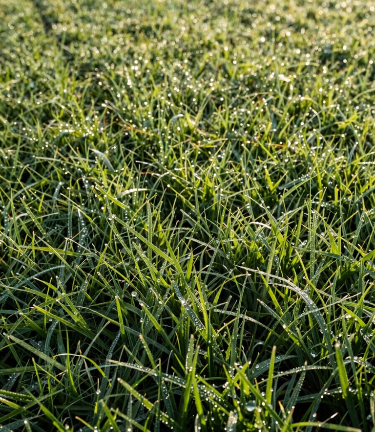 Crisp morning light reflecting off dew on a razor-sharp lawn edge, showing clean striping patterns on healthy green grass, low-angle turf-level shot.
