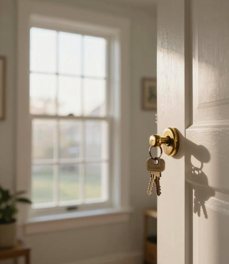 Warm editorial photography of a modern home entryway with keys in a brass lock, soft morning window light, 35mm