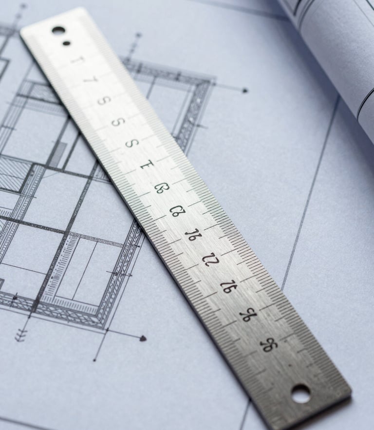 Tight top-down macro photograph of a high-end metal workspace ruler resting on a structured architectural blueprint with clean gridlines, cool overcast daylight.