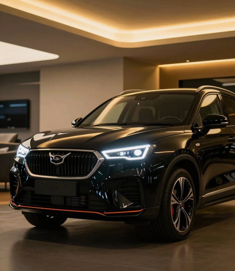 A black Mahindra Scorpio N with glowing custom LED headlights parked inside a clean, modern luxury automotive showroom with dramatic gold ambient lighting.