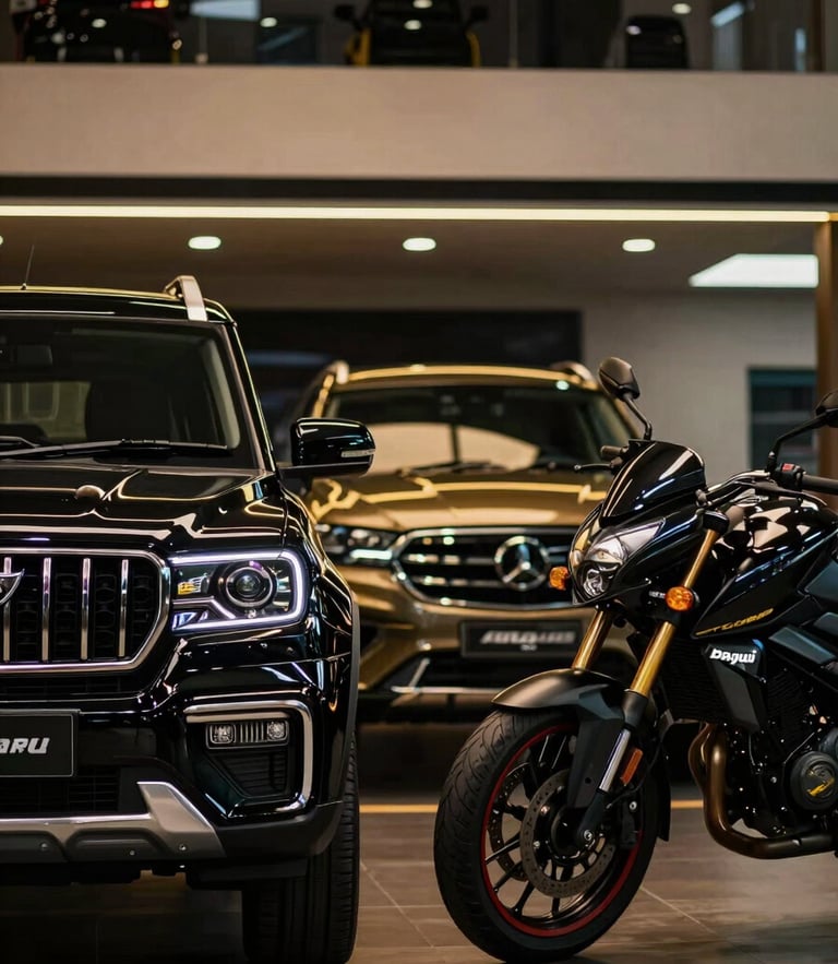 Cinematic side profile of a black Mahindra Scorpio N and a black Bajaj Pulsar NS200 parked side-by-side inside a luxury automotive showroom, low-key dramatic lighting, gold LED accents, sharp metallic reflections.