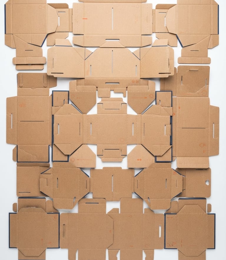 Crisp product photography of flat-laid unassembled corrugated boxes, high-key studio lighting, clean white background, geometric angles, 50mm lens