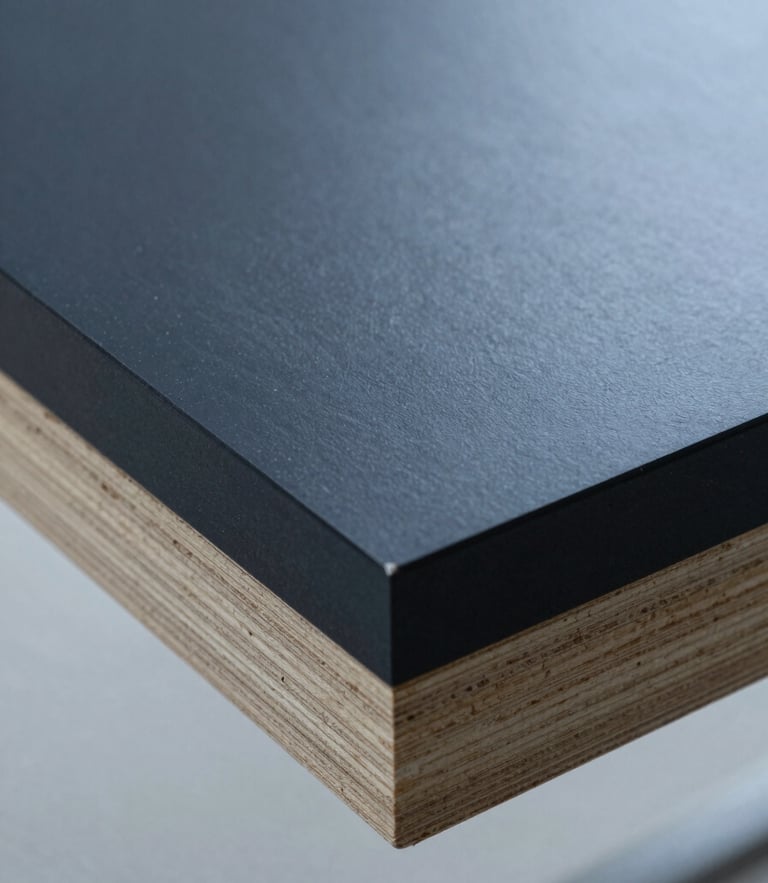 Macro close-up of dark phenolic film faced plywood, showcasing the glossy, uniform surface and sealed edges under clean technical lighting.