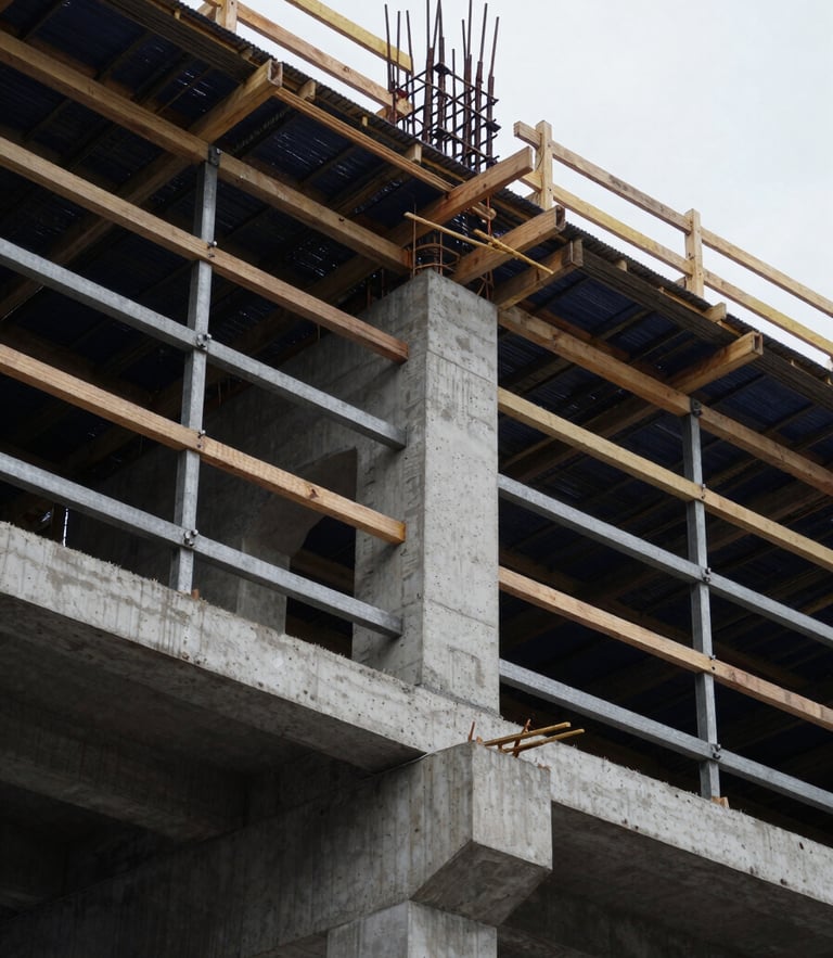Low-angle heroic shot of active concrete formwork and structural timber bracing on a major civil bridge construction site, cool overcast daylight, 35mm