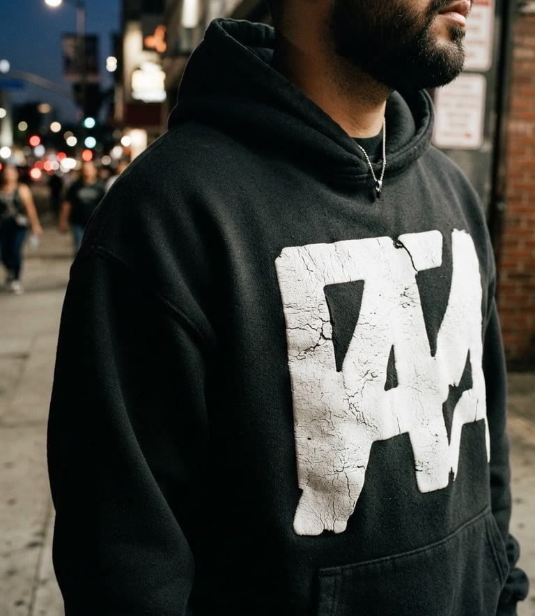 Close-up of a premium heavy cotton hoodie being worn in an urban environment, dramatic side lighting highlighting the thick tactile ink texture, 35mm photography