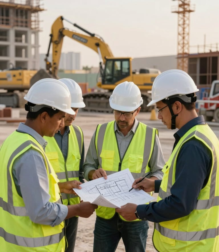 A group of civil engineers in bright safety vests and white hardhats reviewing structural blueprints on an active Abu Dhabi construction site, with heavy machinery in the soft morning background.
